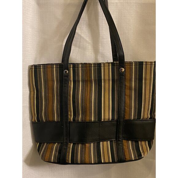 Longaberger Canvas Leather Small Tote / Purse 9 X 11 in. Brown Tan Black Stripes - Picture 4 of 13